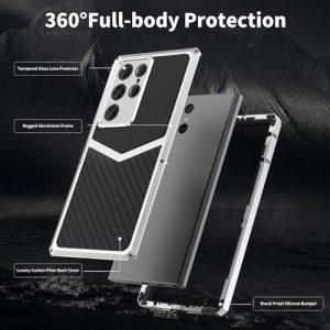 HUALIMEI Luxury Carbon Fiber with Aluminum Case for Samsung Galaxy S23 Ultra, Military Shockproof Protective Phone Cover Full Body Heavy Duty Protection for Men Silver