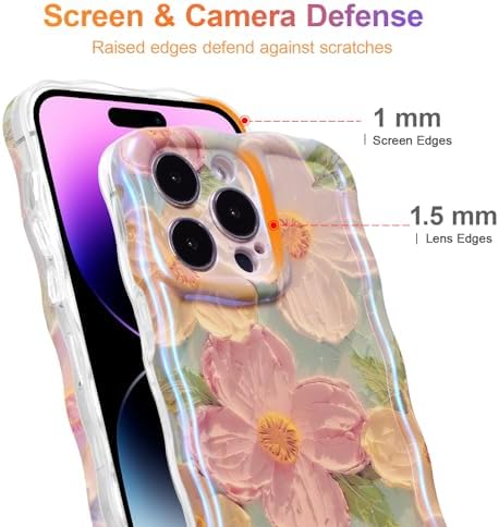 EYZUTAK Case for iPhone 13 Pro Max, Colorful Retro Oil Painting Printed Flower Laser Glossy Pattern Cute Curly Wave Edge Exquisite, Stylish Durable TPU Protective Phone Cover for Girls Women-Green - Image 4