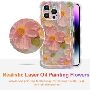 EYZUTAK Case for iPhone 13 Pro Max, Colorful Retro Oil Painting Printed Flower Laser Glossy Pattern Cute Curly Wave Edge Exquisite, Stylish Durable TPU Protective Phone Cover for Girls Women-Green