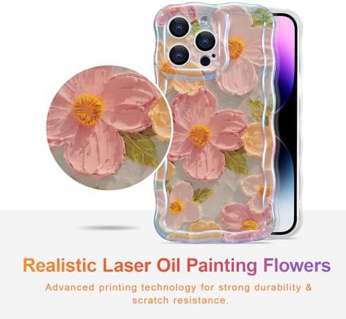 EYZUTAK Case for iPhone 13 Pro Max, Colorful Retro Oil Painting Printed Flower Laser Glossy Pattern Cute Curly Wave Edge Exquisite, Stylish Durable TPU Protective Phone Cover for Girls Women-Green - Image 2