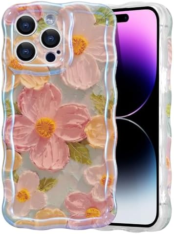 EYZUTAK Case for iPhone 13 Pro Max, Colorful Retro Oil Painting Printed Flower Laser Glossy Pattern Cute Curly Wave Edge Exquisite, Stylish Durable TPU Protective Phone Cover for Girls Women-Green - Image 9