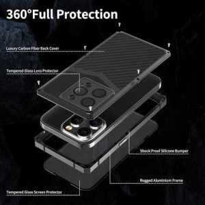Luxury Carbon Fiber with Aluminium Case for iPhone 15 Pro 6.1″, Military Shockproof Protective Armor Phone Cover with Tempered Glass Screen Protector Full Body Heavy Duty Drop Protection for Men