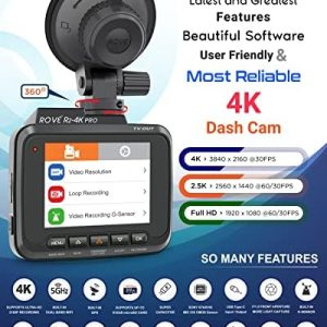 ROVE R2-4K PRO Dash Cam, Built-in GPS, 5G WiFi Dash Camera for Cars, 2160P UHD 30fps Dashcam with APP, 2.4″ IPS Screen, Night Vision, WDR, 150° Wide Angle, 24-Hr Parking Mode, Supports 512GB Max