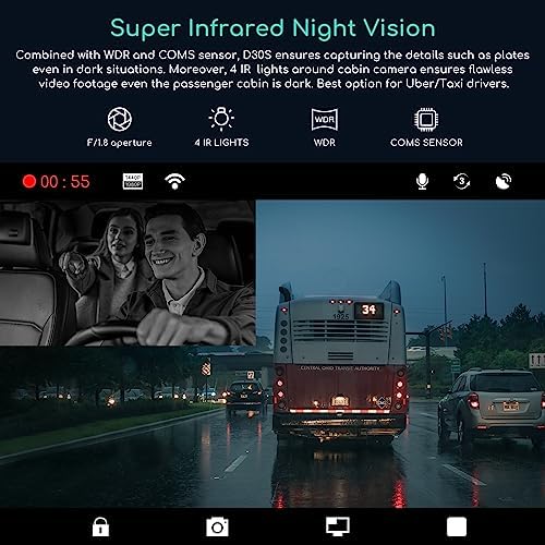 1440P QHD Built-in GPS Wi-Fi Dash Cam, Front and Inside Car Camera Recorder with Infrared Night Vision, Supercapacitor, 4 IR LEDs,G-Sensor, Parking Mode, Loop Recording (D30S) - Image 4