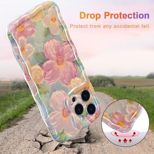 EYZUTAK Case for iPhone 13 Pro Max, Colorful Retro Oil Painting Printed Flower Laser Glossy Pattern Cute Curly Wave Edge Exquisite, Stylish Durable TPU Protective Phone Cover for Girls Women-Green - Image 3