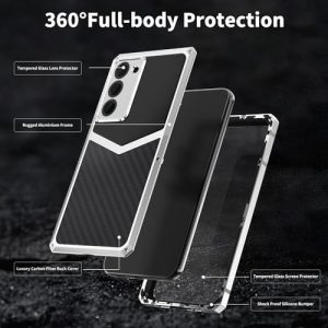 Luxury Carbon Fiber with Aluminum Case for Samsung Galaxy S22+ Plus, Military Shockproof Protective Armor Phone Cover with Tempered Glass Screen Protector Full Body Heavy Duty Drop Protection for Men