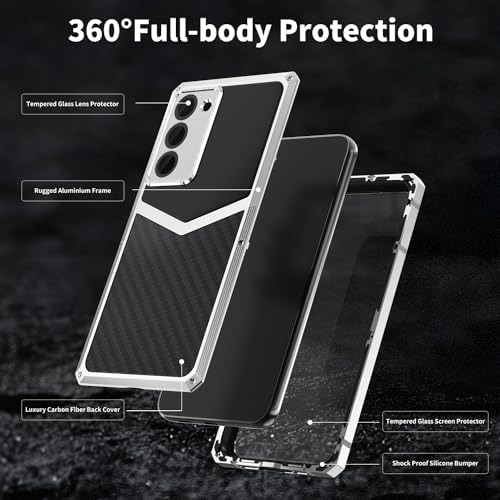 Luxury Carbon Fiber with Aluminum Case for Samsung Galaxy S22+ Plus, Military Shockproof Protective Armor Phone Cover with Tempered Glass Screen Protector Full Body Heavy Duty Drop Protection for Men - Image 2