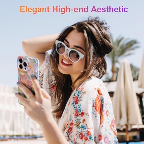 EYZUTAK Case for iPhone 13 Pro Max, Colorful Retro Oil Painting Printed Flower Laser Glossy Pattern Cute Curly Wave Edge Exquisite, Stylish Durable TPU Protective Phone Cover for Girls Women-Green - Image 7