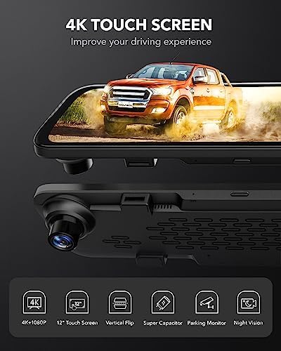 WOLFBOX G840S 12" 4K Mirror Dash Cam Backup Camera, 2160P Full HD Smart Rearview Mirror for Cars & Trucks, Front and Rear View Dual Cameras, Night Vision, Parking Assistance, Free 32GB Card & GPS - Image 2
