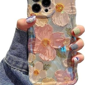 EYZUTAK Case for iPhone 13 Pro Max, Colorful Retro Oil Painting Printed Flower Laser Glossy Pattern Cute Curly Wave Edge Exquisite, Stylish Durable TPU Protective Phone Cover for Girls Women-Green
