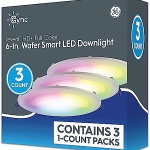 GE CYNC Smart LED Wafer Downlight Fixture, Reveal + Full Color, 6 Inches, Bluetooth and Wi-Fi, Compatible with Alexa and Google Home