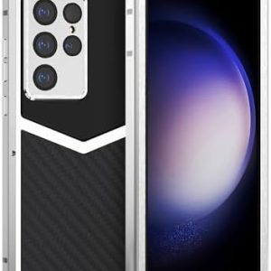 HUALIMEI Luxury Carbon Fiber with Aluminum Case for Samsung Galaxy S23 Ultra, Military Shockproof Protective Phone Cover Full Body Heavy Duty Protection for Men Silver
