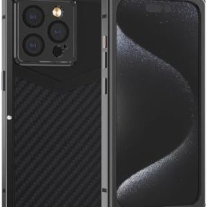 Luxury Carbon Fiber with Aluminium Case for iPhone 15 Pro 6.1″, Military Shockproof Protective Armor Phone Cover with Tempered Glass Screen Protector Full Body Heavy Duty Drop Protection for Men