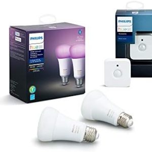 Philips Hue (1) Motion Sensor with (2) 75W A19, E26 White and Color Ambiance LED Smart Color-Changing Bulbs – Control with Hue App – Works with Alexa, Google Assistant, and Apple Homekit