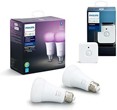 Philips Hue (1) Motion Sensor with (2) 75W A19, E26 White and Color Ambiance LED Smart Color-Changing Bulbs - Control with Hue App - Works with Alexa, Google Assistant, and Apple Homekit