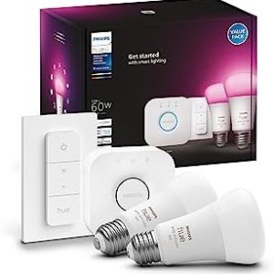 Philips Hue White and Color Ambiance Smart BulbStarter Kit – Includes a Bridge, Dimmer Switch, and (2) 60W A19 LED Smart Color Changing Bulbs E26 – Control with Voice or Hue App