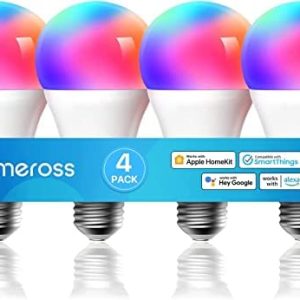 Smart Light Bulb, meross Smart WiFi LED Bulbs Compatible with Apple HomeKit, Siri, Alexa, Google Assistant and SmartThings, Dimmable E26 Multicolor 2700K-6500K RGBWW, 900 Lumens 60W Equivalent, 4 Pack