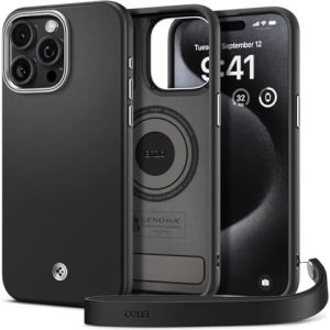 Spigen Magnetic Enzo MagFit Designed for iPhone 15 Pro Max Case, [Military-Grade Protection] [Italian Leather] Compatible with MagSafe (2023) – Black