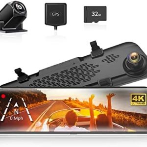 WOLFBOX G840S 12″ 4K Mirror Dash Cam Backup Camera, 2160P Full HD Smart Rearview Mirror for Cars & Trucks, Front and Rear View Dual Cameras, Night Vision, Parking Assistance, Free 32GB Card & GPS